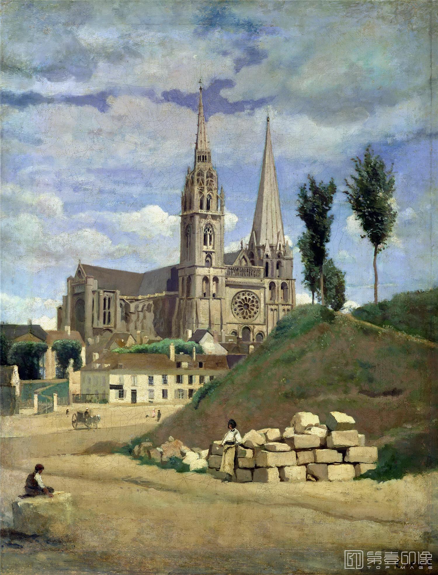 油画-卢浮宫-Corot, Jean-Baptiste CamilleLa cathedrale de Chartres-0429